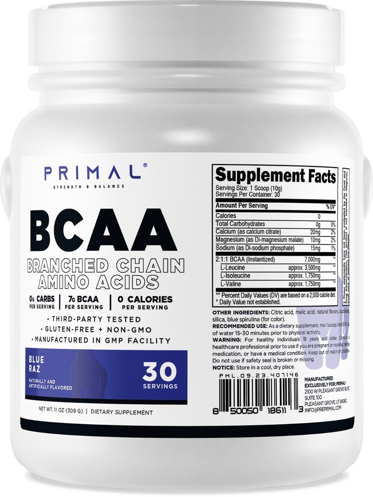 Primal BCAA Powder Blue Raz (30 SERV) (Blue Raspberry Flavored) - 0 g Carbs
