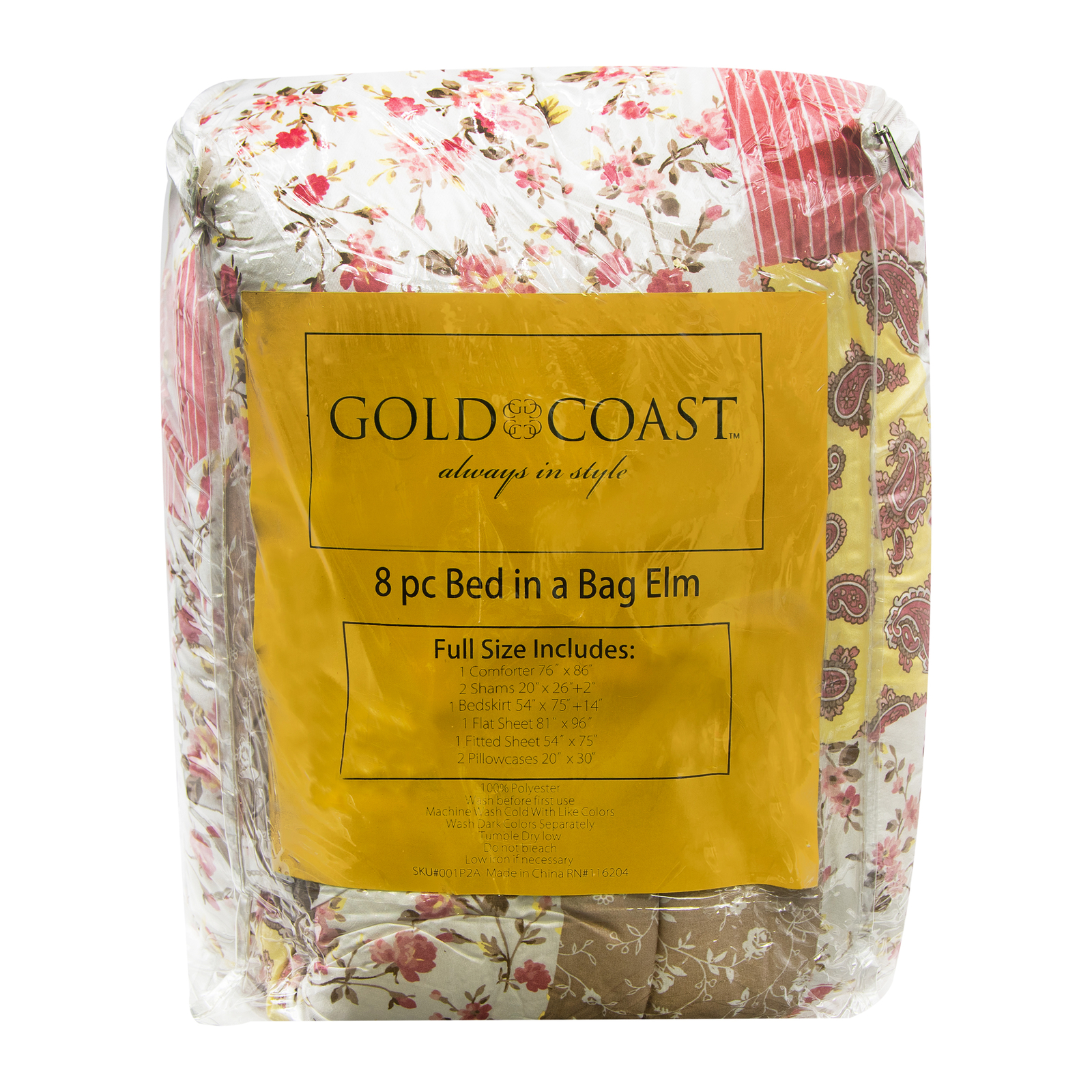Gold Coast 8 Pc Bed in a Bag Elm Pink and Yellow Floral Comforter Set, Full