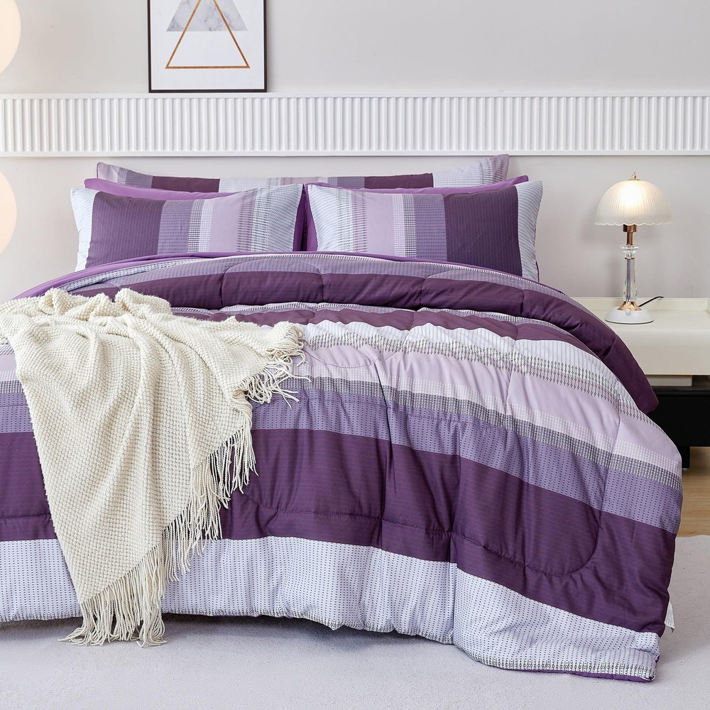 Purple Striped Bed in a Bag Queen Size, Lightweight Soft Down Alternative Com...