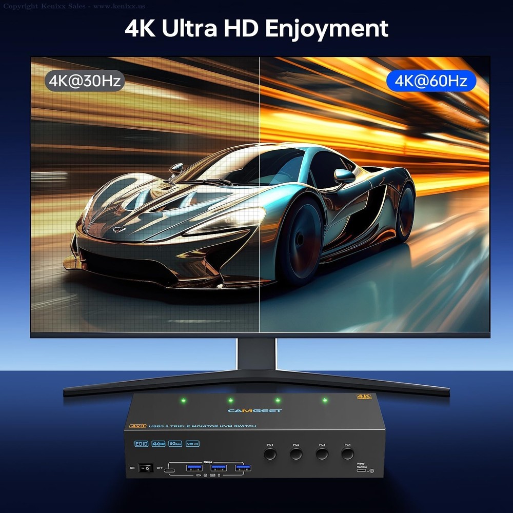 KVM Switch 3 Monitors 4 Computers 4K@60Hz,EDID Simulation,USB 3.0 HDMI Displa...