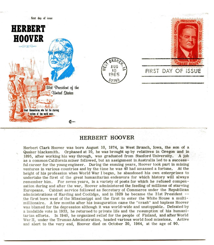 1269 Herbert Hoover, Cover Craft Cachets, CCC, FDC, with insert