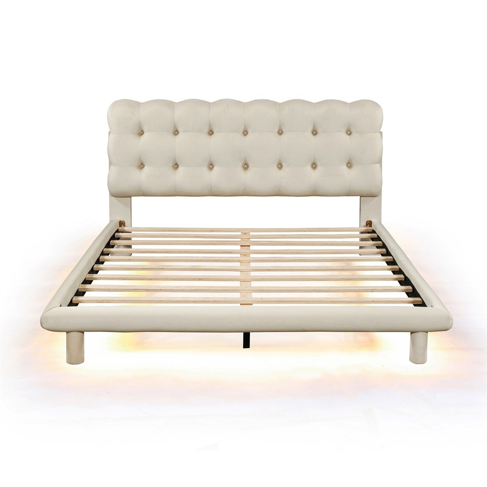Queen Size Bed Frame Upholstered Platform Bed Frame w/ LED Lights US