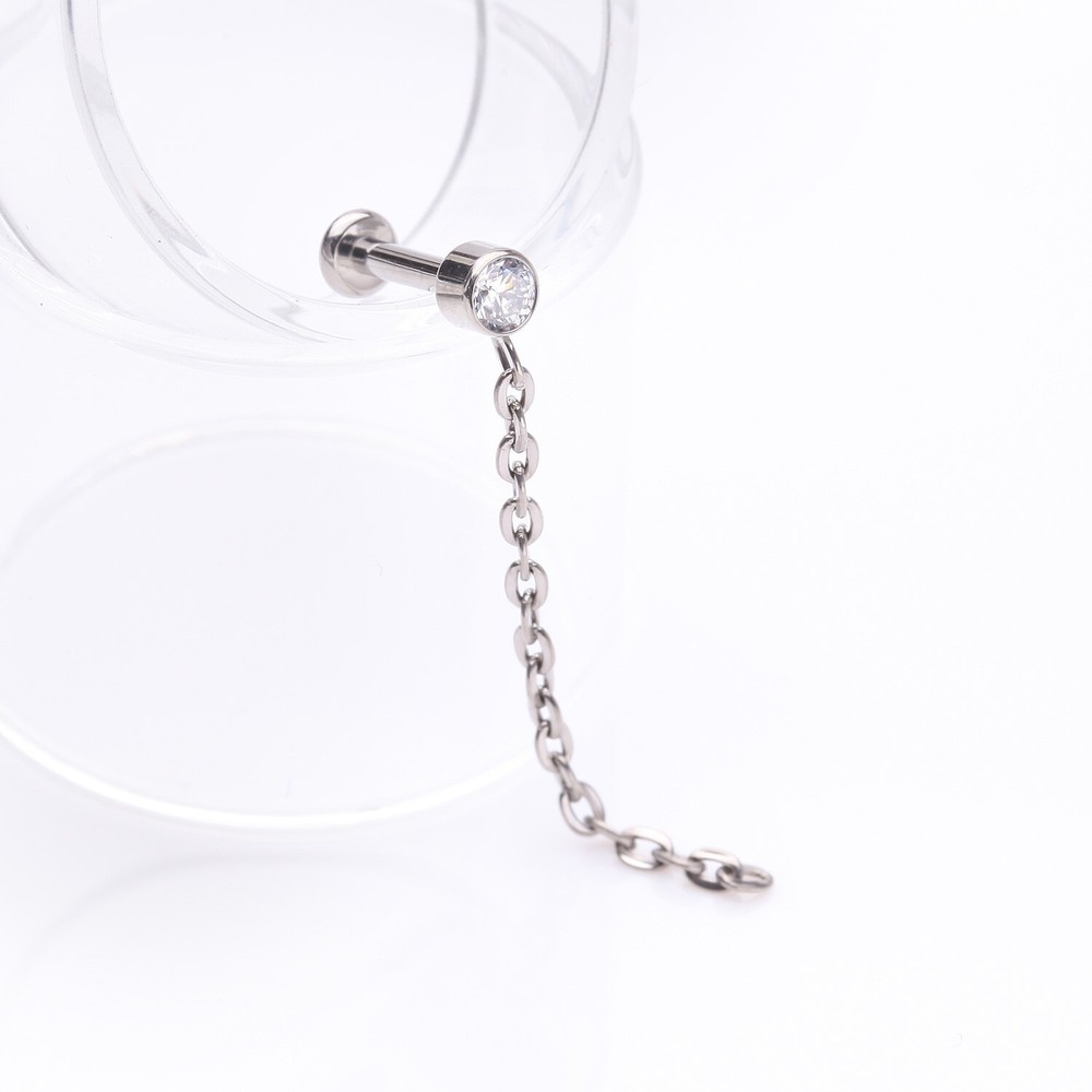 Implant Grade Titanium Sparkle Gem Long Chain Dangle Internally Threaded Labret