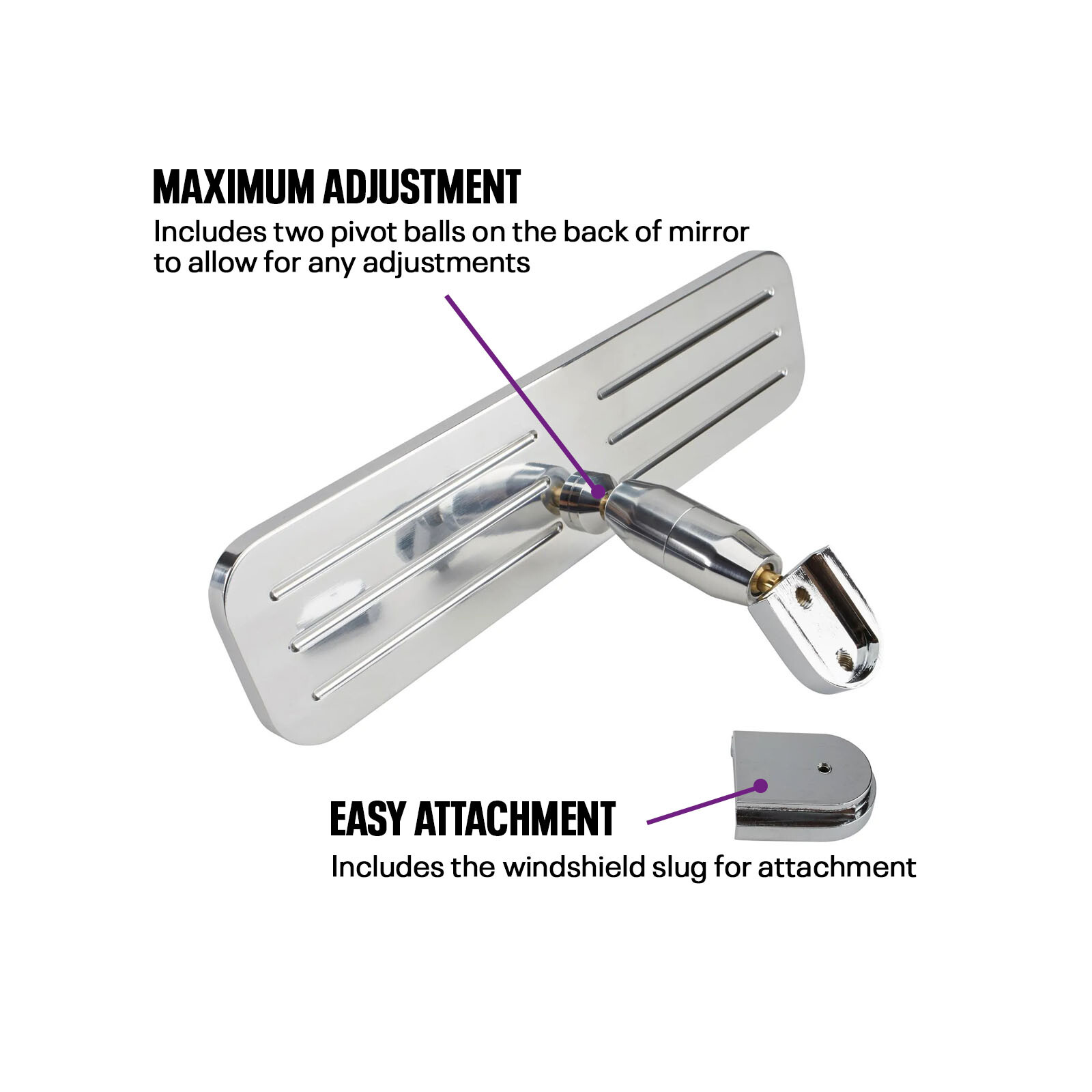 Polished Ball Milled Billet Aluminum Interior Rear View Mirror, 9.25” x 2.38”