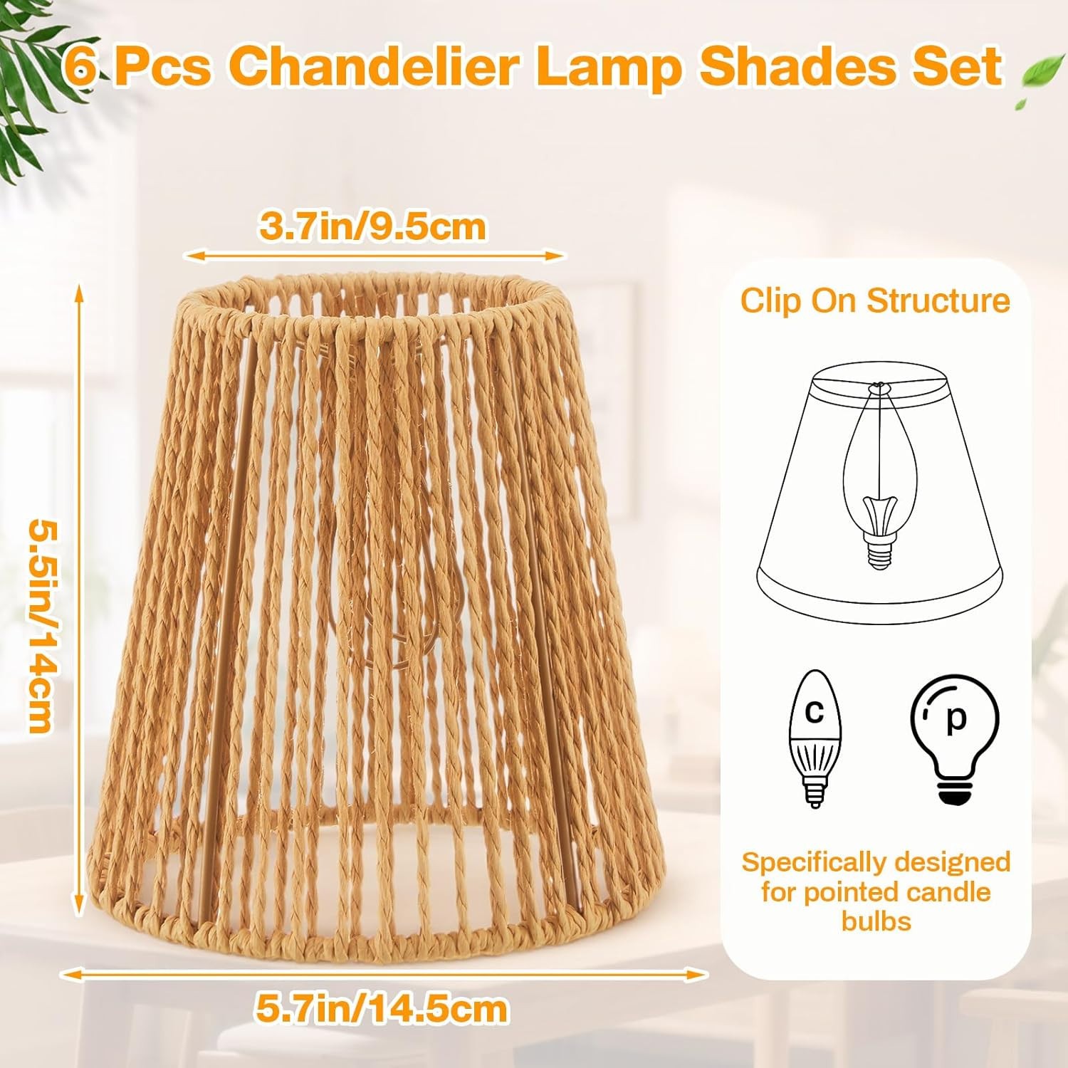 5.7 x 5.5in Chandelier Shades Set of 6, Small Rattan Lamp Shades Clip on Bulb
