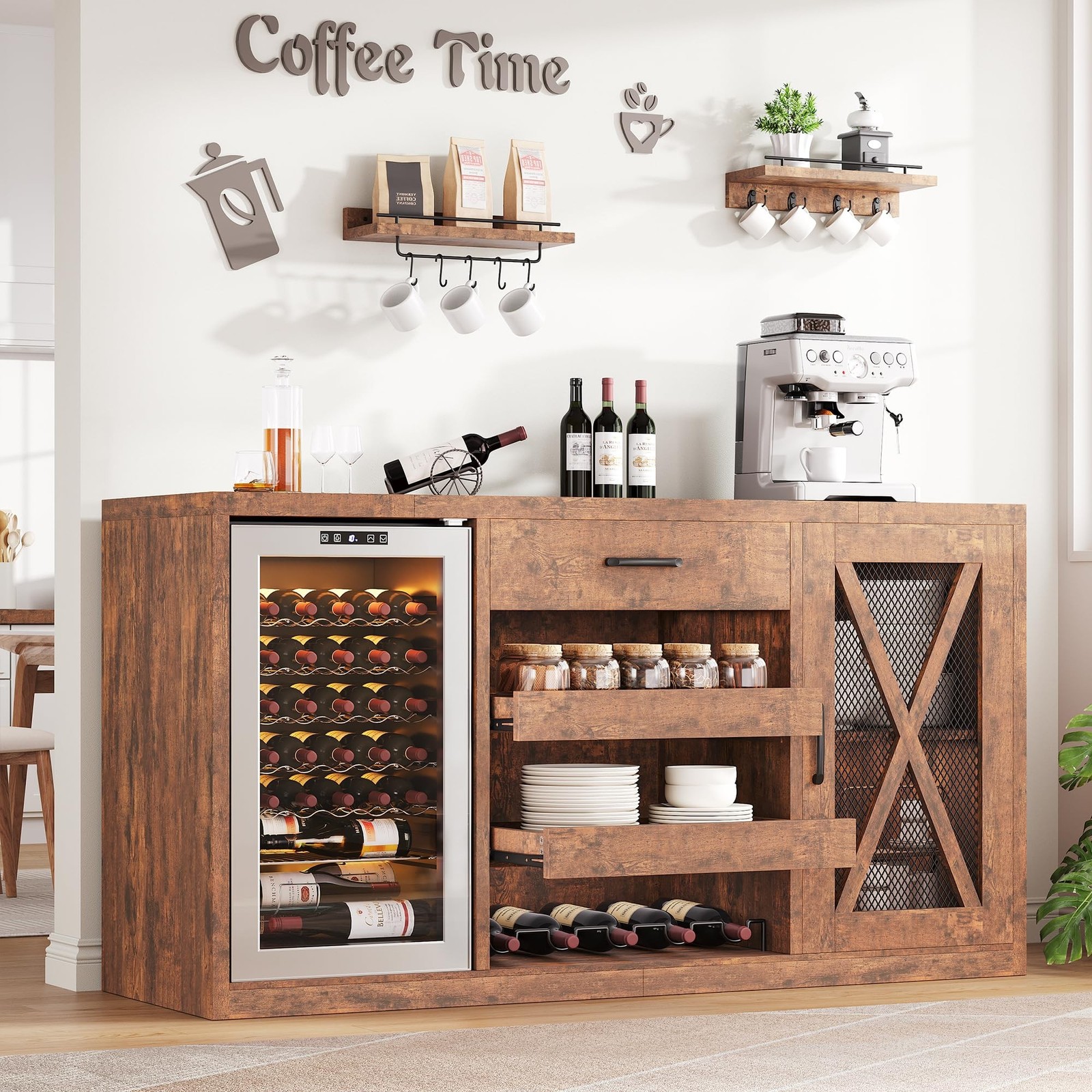 Large Coffee Bar Cabinet with Fridge Space, Mini Fridge Cabinet with Power Ou...