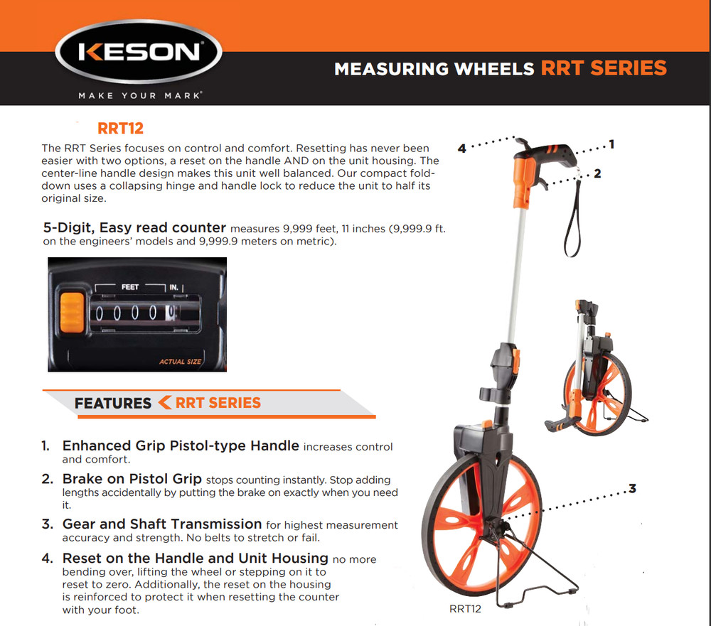 Folding 12" Measuring Wheel, Trigger Brake & Reset on Handle, Keson RRT12