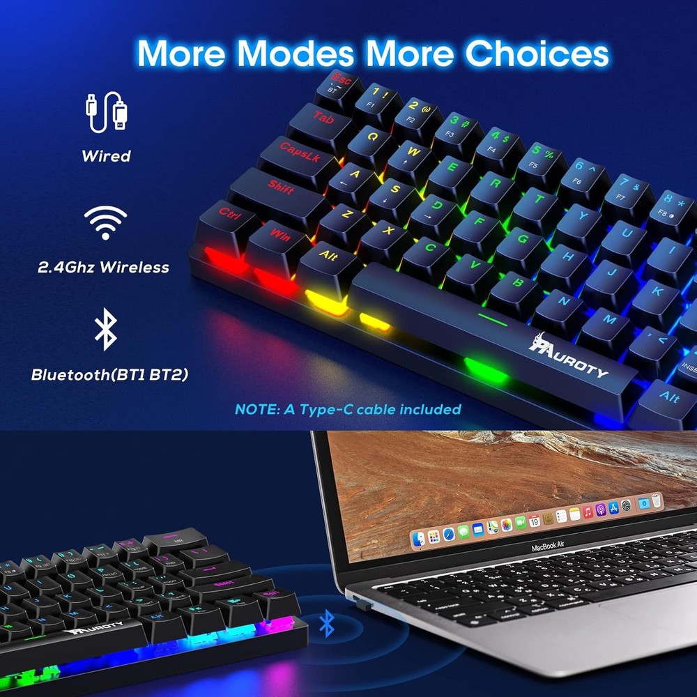 Pauroty 60% Wireless Mechanical Keyboard, Triple Mode Black