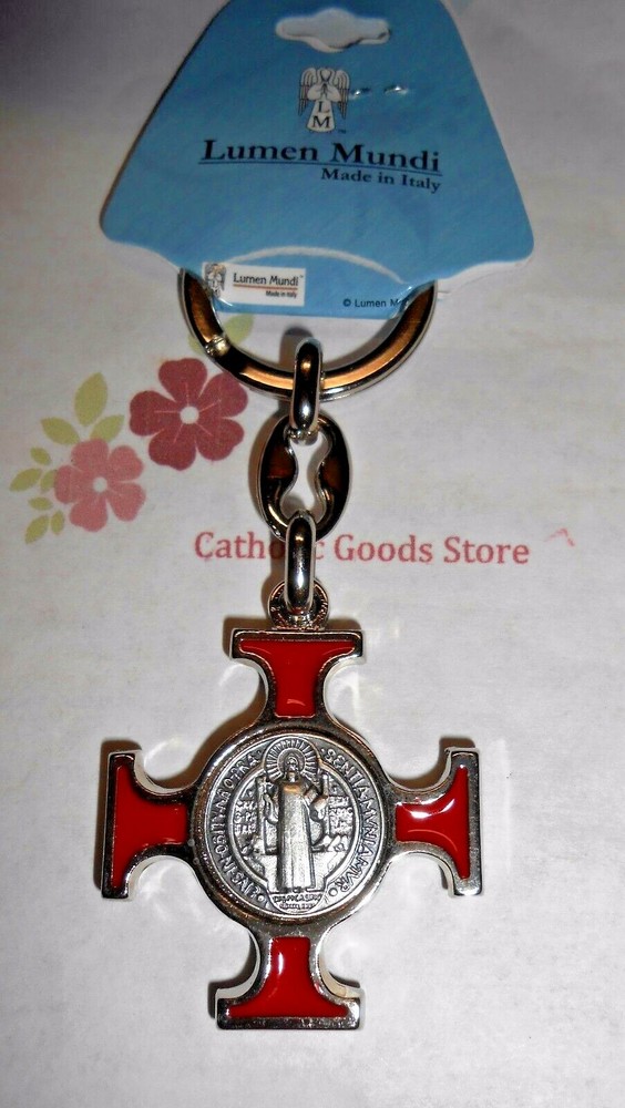 St Saint Benedict Cross Medal  Key Chain Red