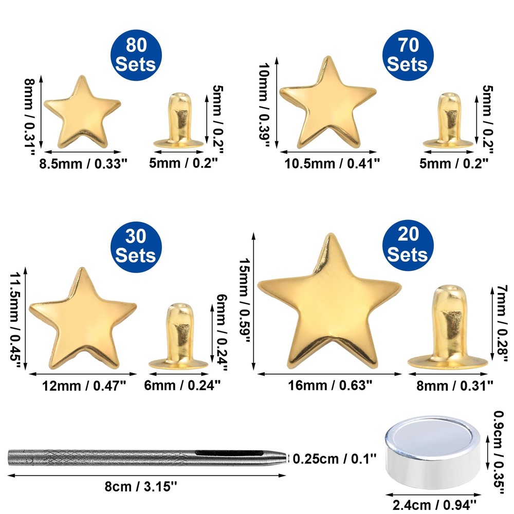 200 Sets Leather Rivets Kit Mixed Sizes Rivets for Leather Star Studs for Clo...