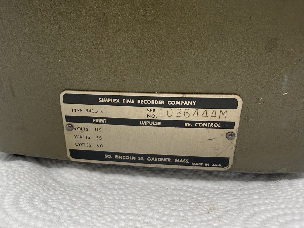 Vintage Simplex 8400-5 Time Clock Punch Recorder w/ Key Untested Industrial