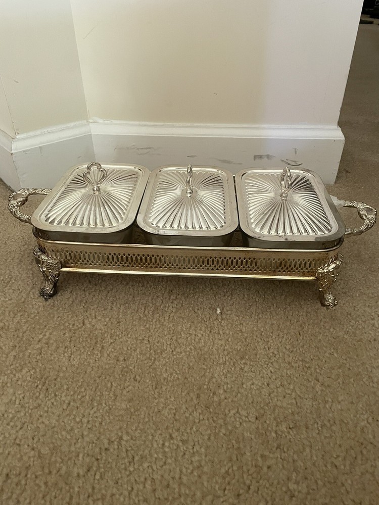 Vintage Silver Plated Covered Triple Baker w/Glass Liners