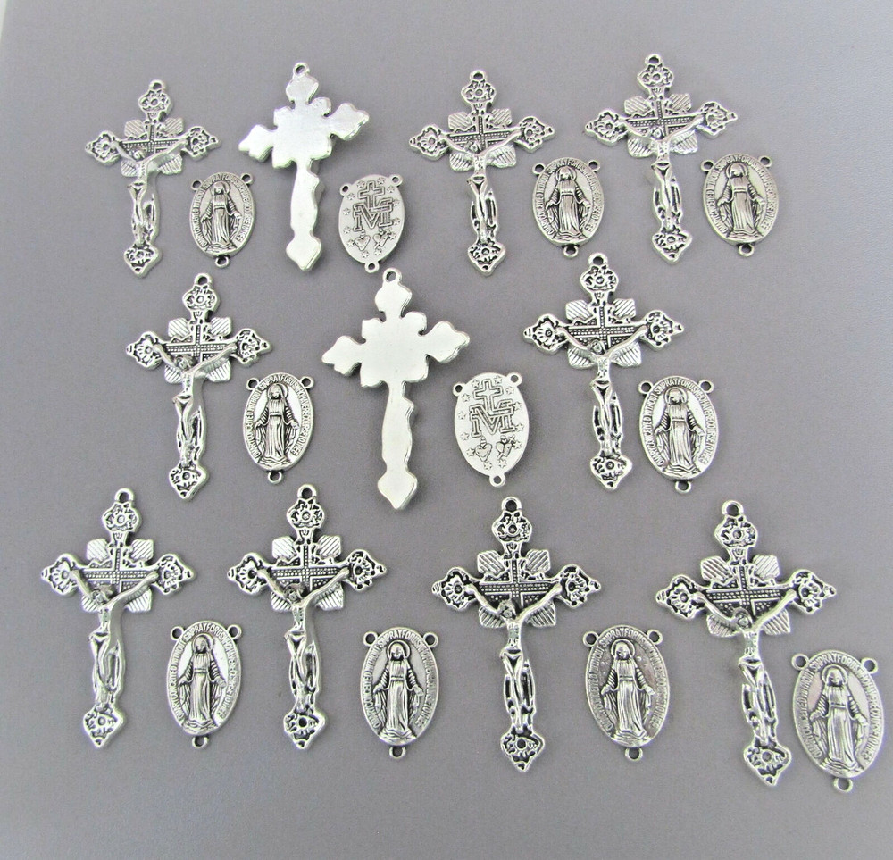 22 pc Rosary Crucifixes 11 crosses & 11 Centers rosaries part finish SILVER New