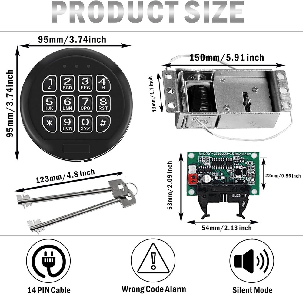 Gun Safe Lock Replacement Black Keypad Lock with 2 Keys & Solenoid Lock For safe
