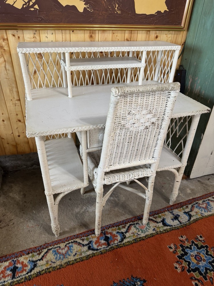 Antique White Wicker Desk & Chair Vanity