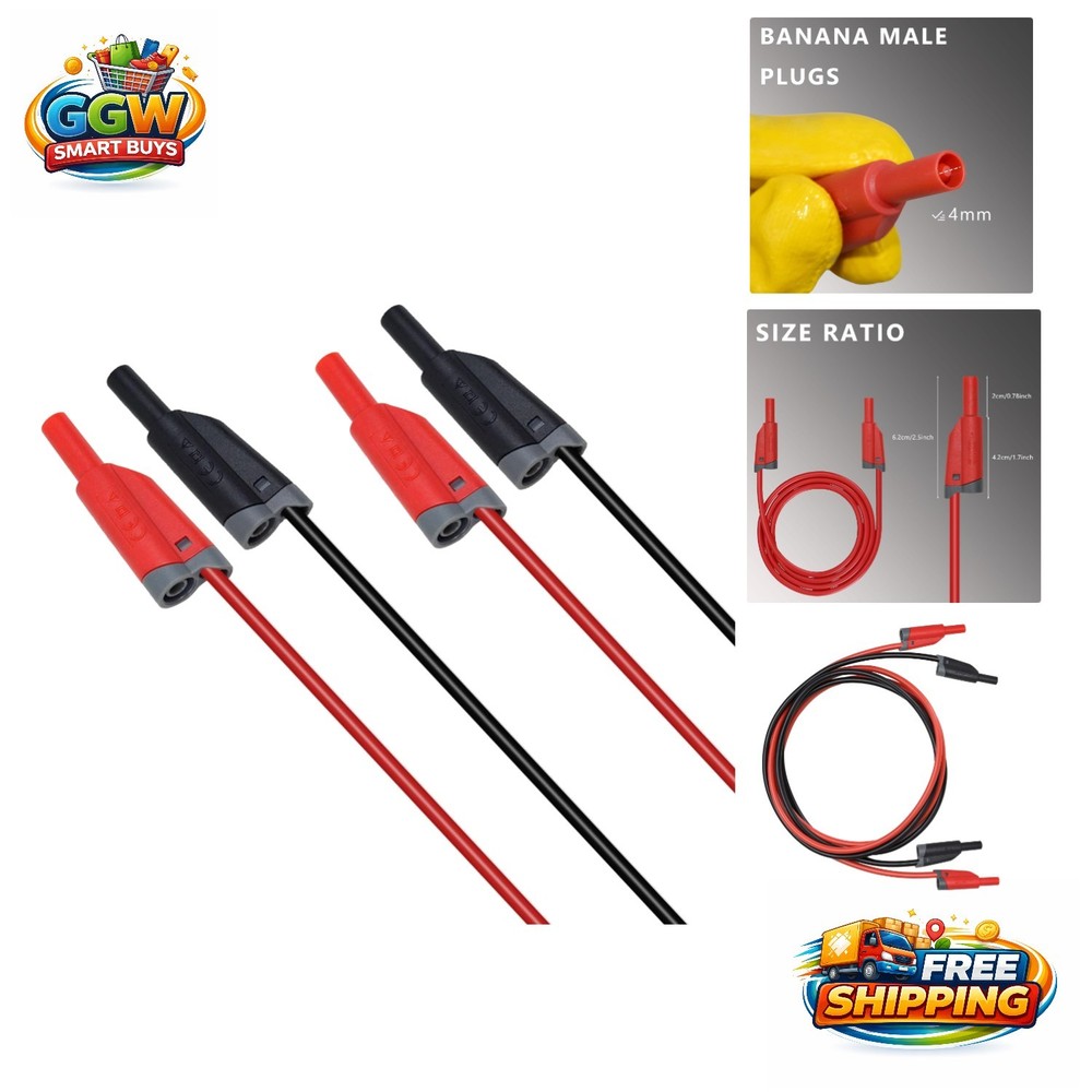 2-Pack Red & Black Stackable Banana Plug Leads for Multimeter & Circuit Testing