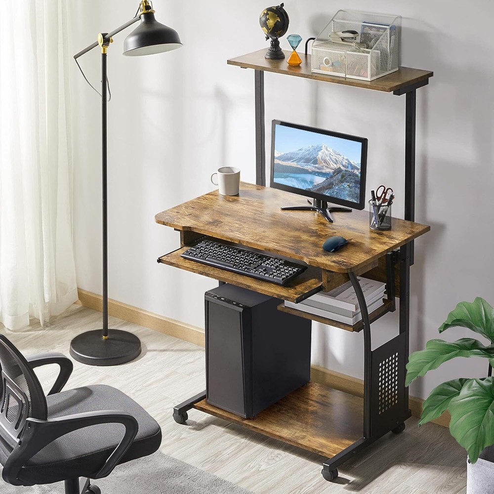 Yaheetech 3 Tiers Rolling Computer Desk with Keyboard Tray and Printer Shelf