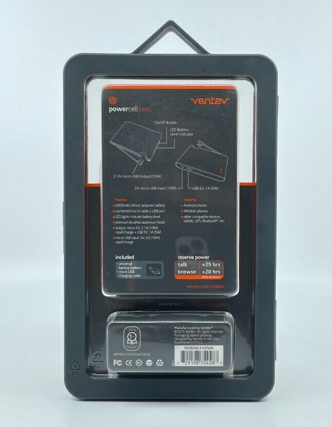 Ventev powercell 6000c Backup Battery 6000mAh with Micro USB cable + USB Port!