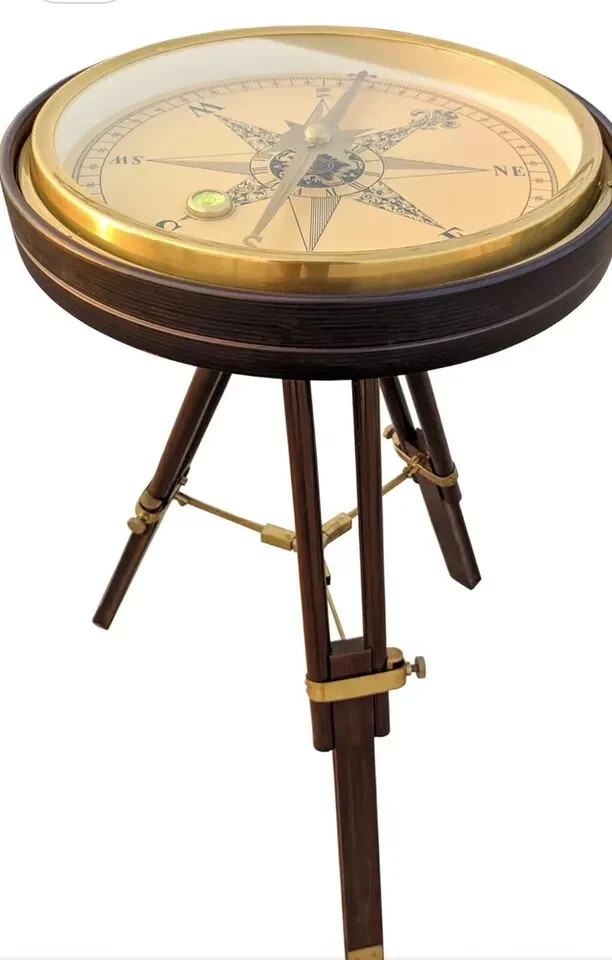 Antique Brass Large Compass Coffee Table, Side Table Working Compass With Tripod