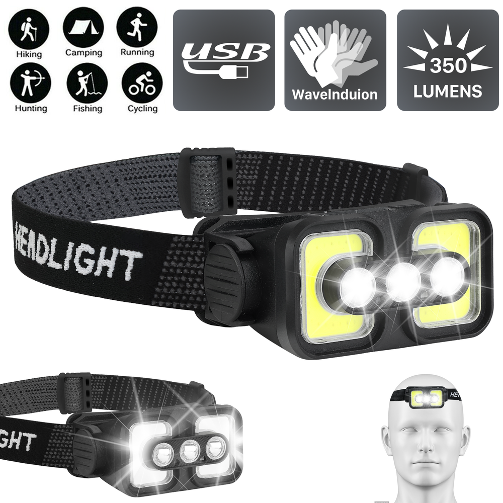 COB LED Sensor Headlamp USB Rechargeable Headlight Torch WorkLight Bar Head Lamp