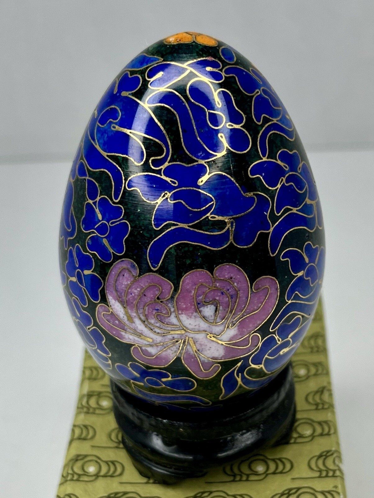 Vintage Chinese Black Cloisonné Enamel Copper Egg Pink Flowers Wood Stand In Box