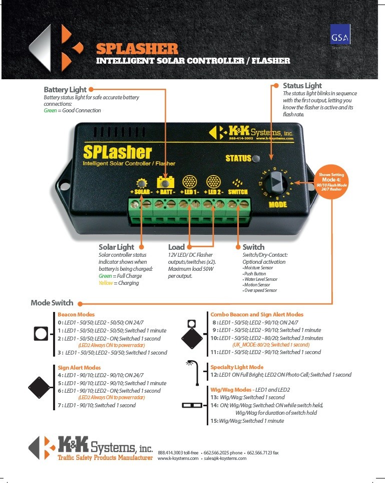 K&K Systems SPLASHER Solar Panel Traffic Beacon Flasher 24/7 Control System