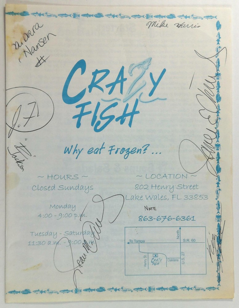 2000's Original Signed Menu CRAZY FISH Restaurant Lake Wales Florida