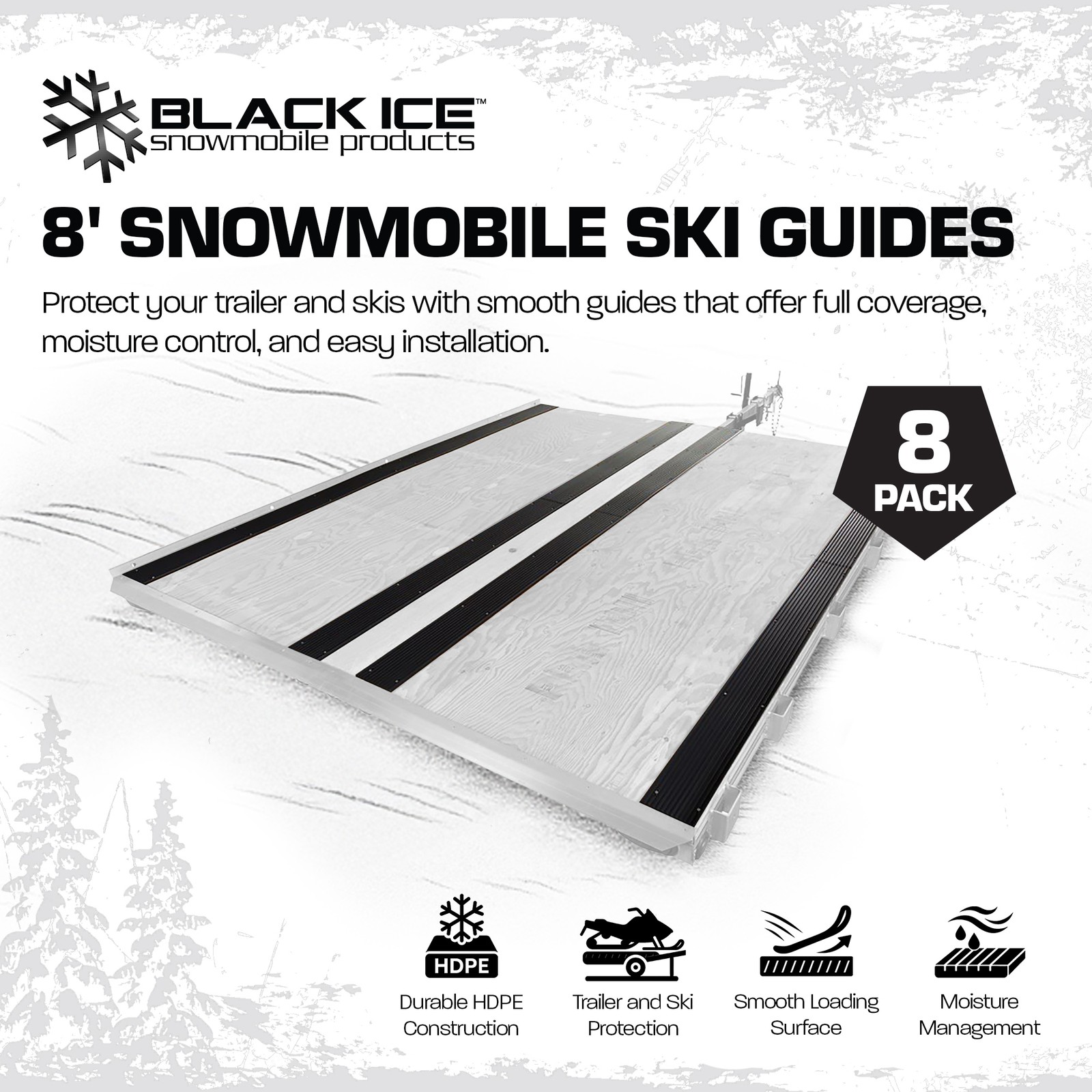 Black Ice 8 Pack 7' 10" Snowmobile Trailer Ski Guides for Friction-Free Loading