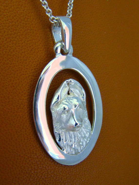 Sterling Silver German Shepherd Puppy Head Study On A Vertical Oval Frame Pendan