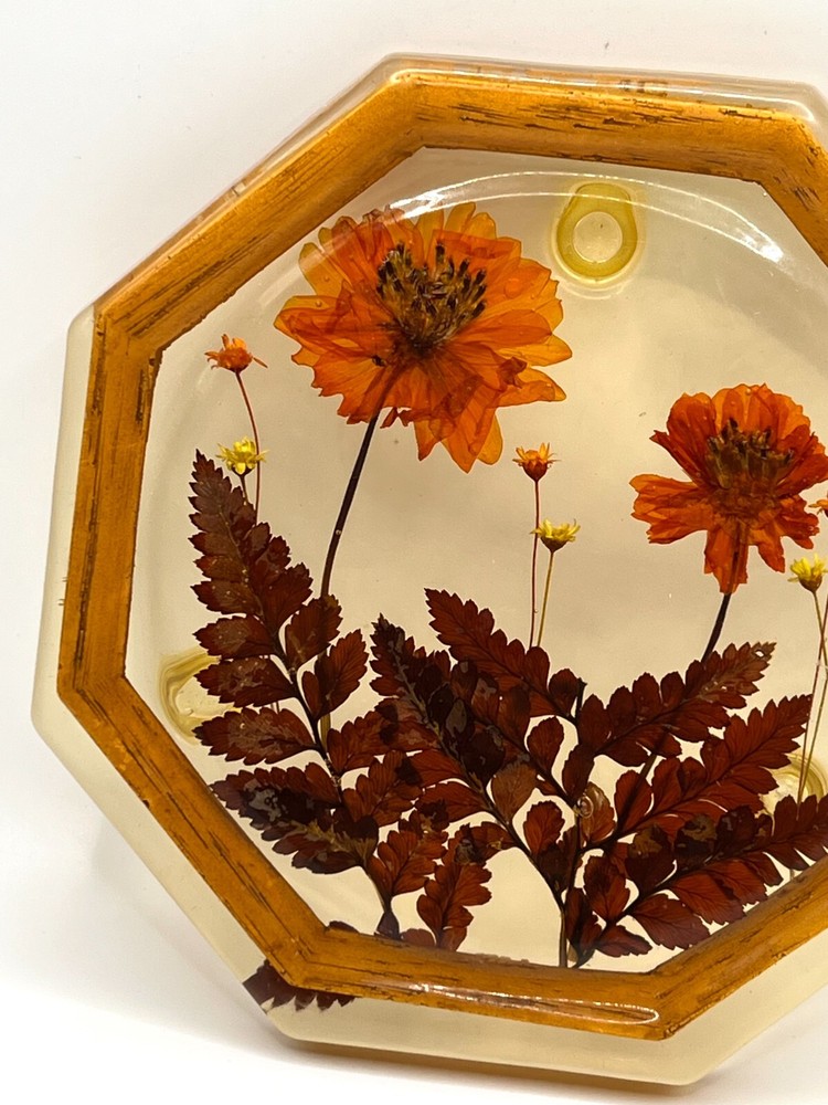 Lucite Acrylic Pressed Flowers Brown Orange Three Footed Octagonal Shape Trivet