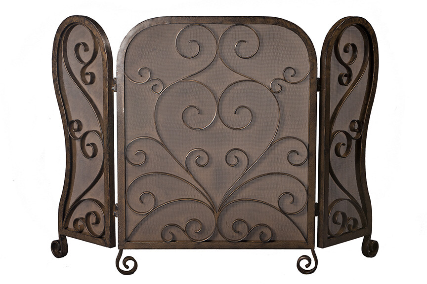 Bronze Mesh Scroll Iron Fireplace Screen-50'' X 33''H