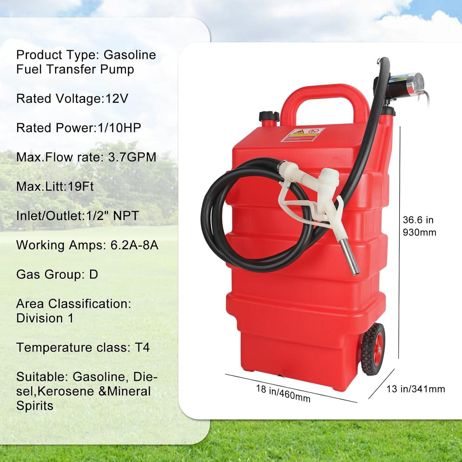 Portable 16 Gallon 60L Fuel Caddy Tank with 12V DC Electric Transfer Pump Red