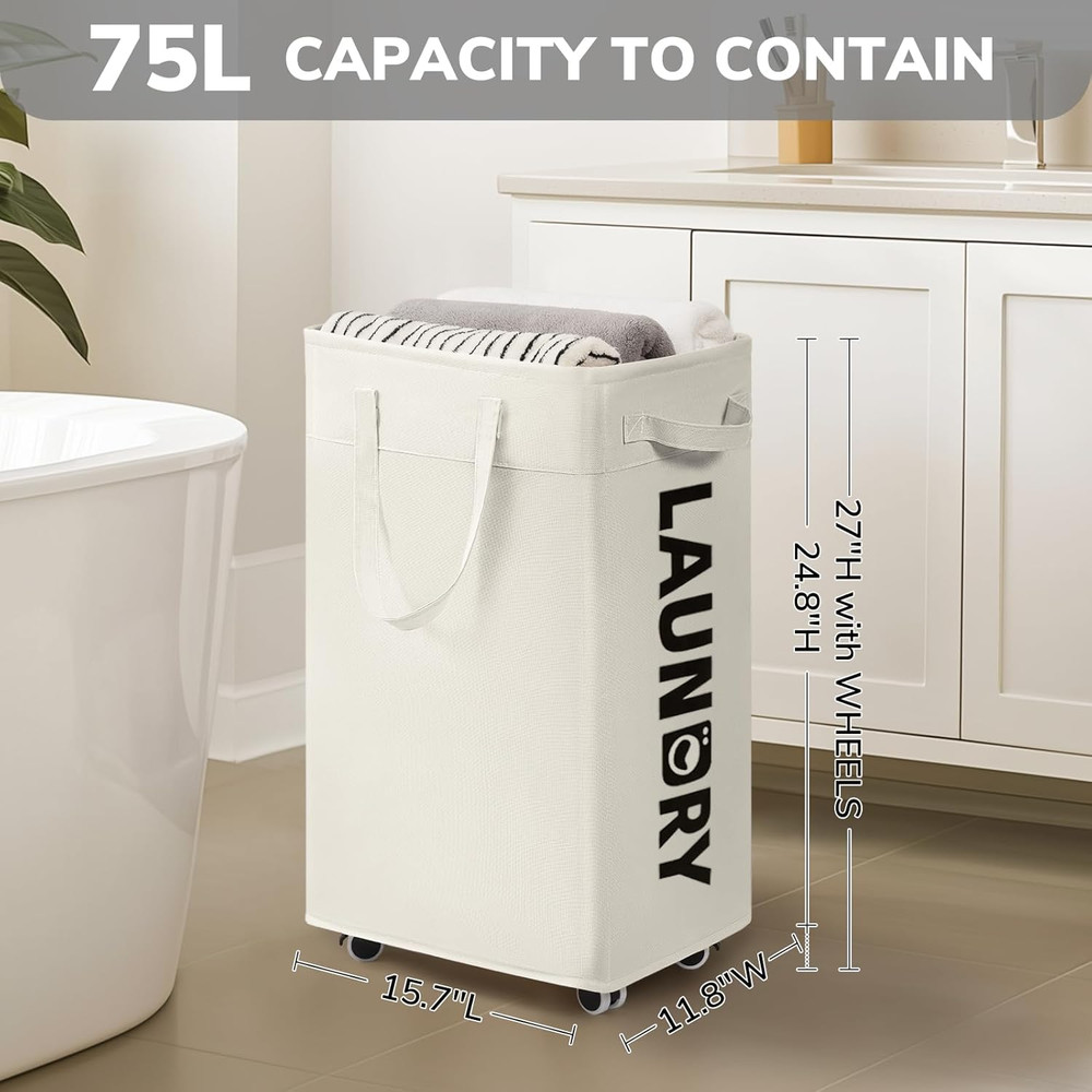 Laundry Baskets with Wheels and Handle, 2-Pack 75L Collapsible Laundry Baskets,