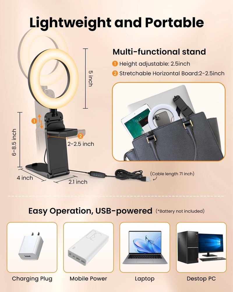 Mini Ring Light for Laptop USB Desk Clip-On 5-inch Adjustable Brightness