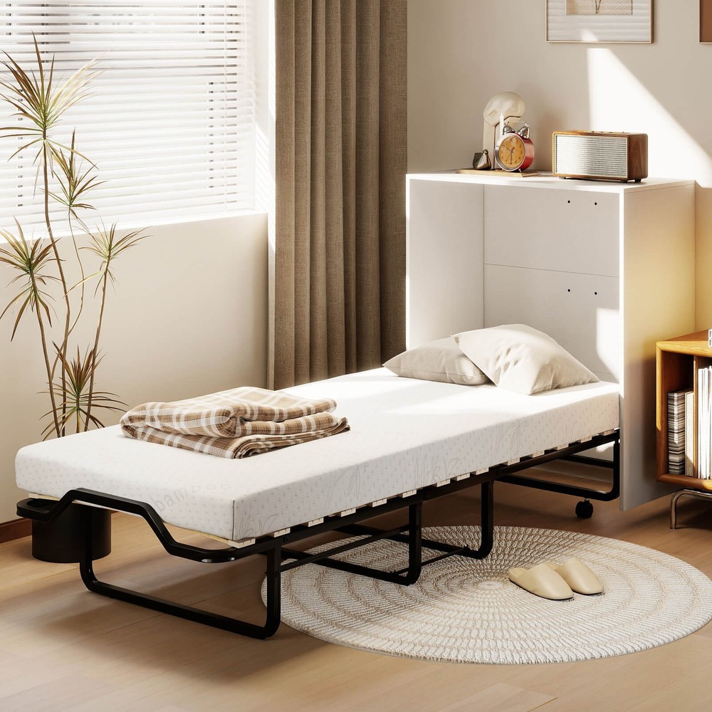 Murphy Bed Cabinet w/Mattress & Lockable Wheels, Folding Bed for Small Space