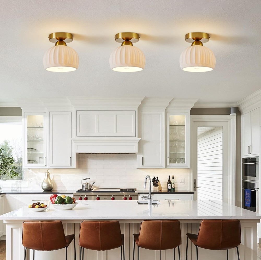 2-Pack Semi Flush Mount Ceiling Light - Ceramic Hallway Light Fixtures,Gold C...