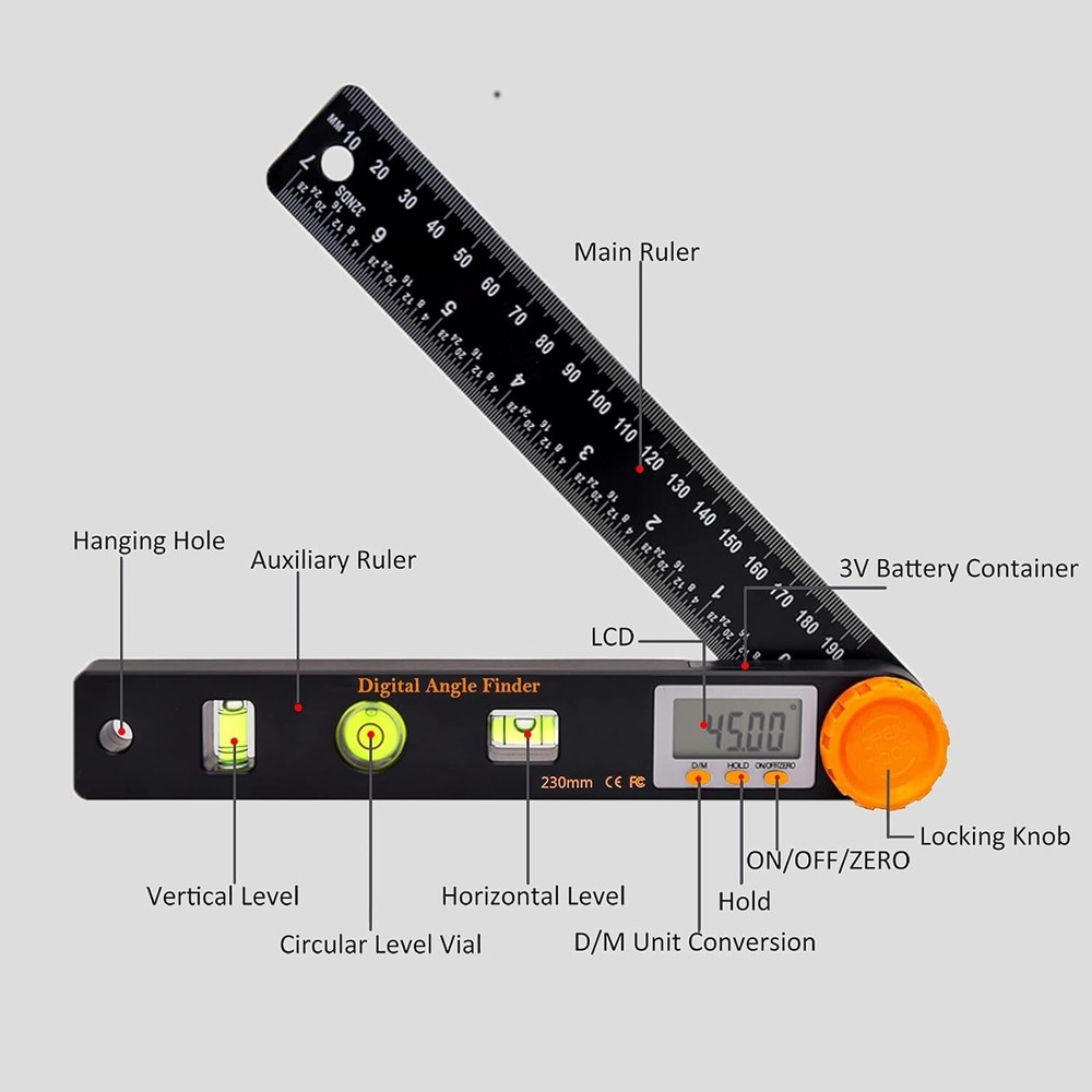 7" Digital Angle Finder 4-in-1 Protractor LCD Angle Gauge Tool Measuring Ruler