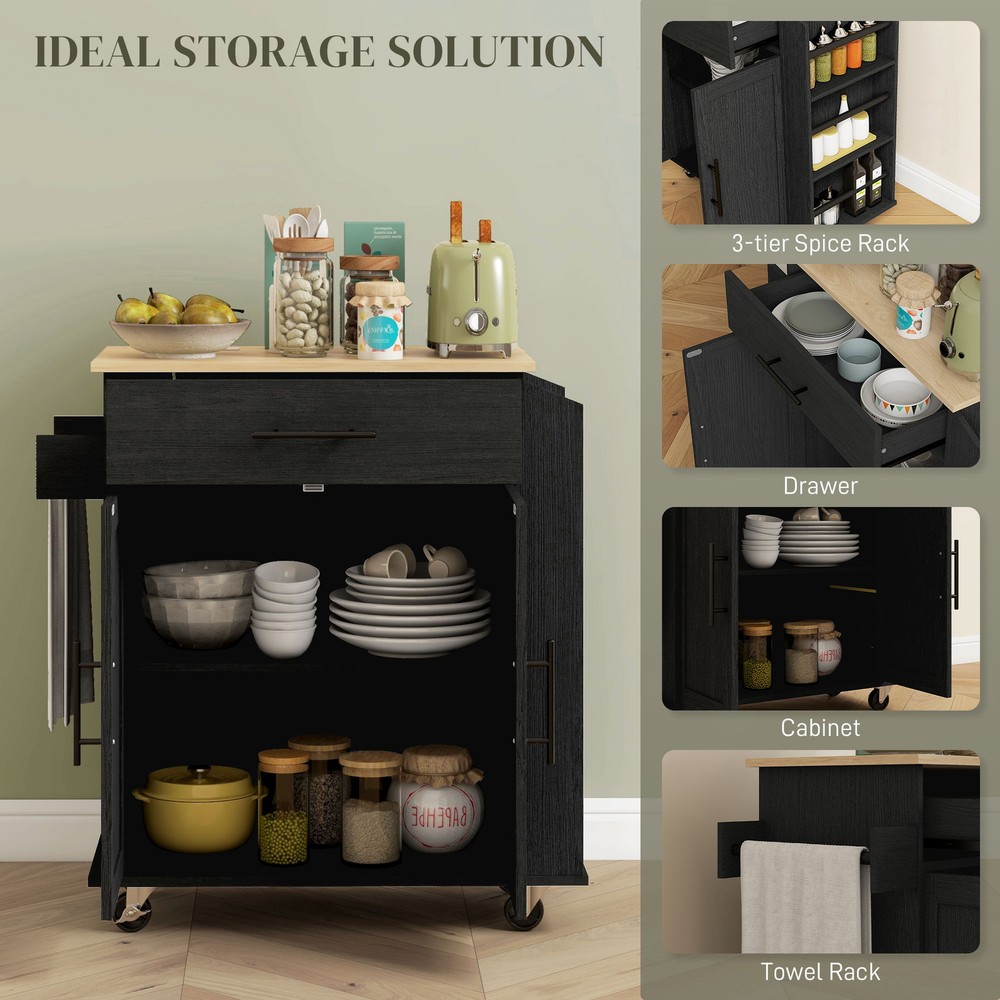 Kitchen Island with Storage and Power Outlets, Rolling, Black