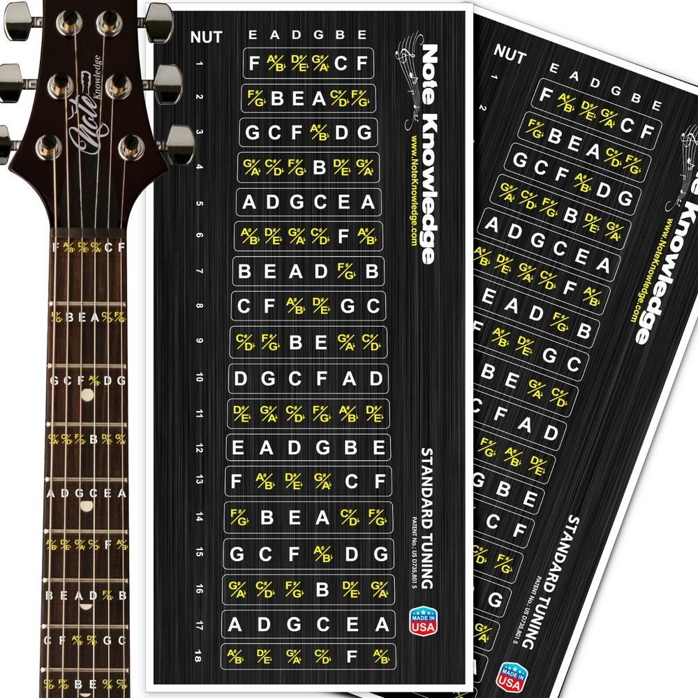 Learn Guitar Note Placement Note Map Decals-Stickers w/Mini Chord Chart 2pk
