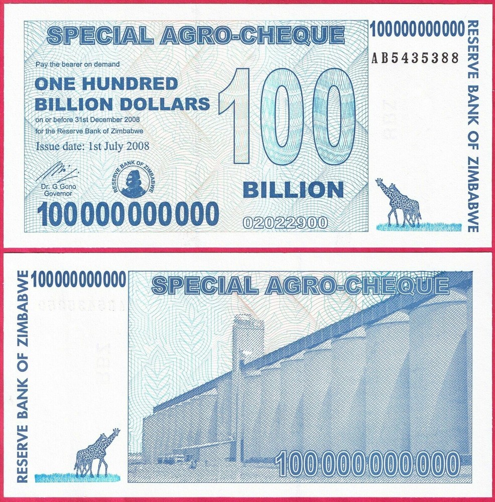 ZIMBABWE 100 BILLION AGRO CHEQUE Banknote 2008 P 64