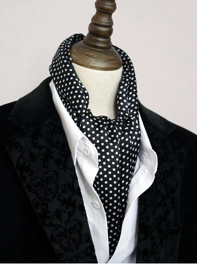 Mens 100 Silk Scarf Vintage Polka Dot Double Layer Long Neckerchief Black & Blue