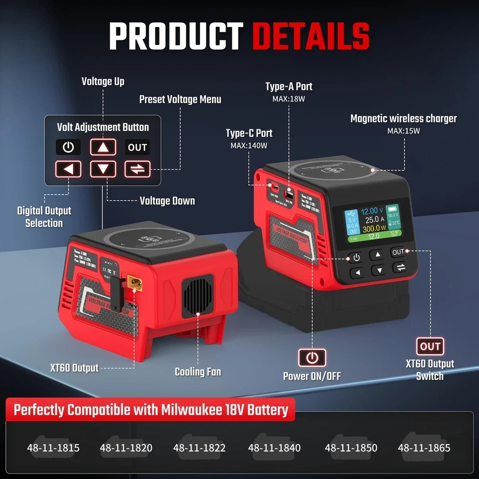 18V Battery Adjustable Voltage Regulator 300W Hisecren Wireless 2-30V Compatible