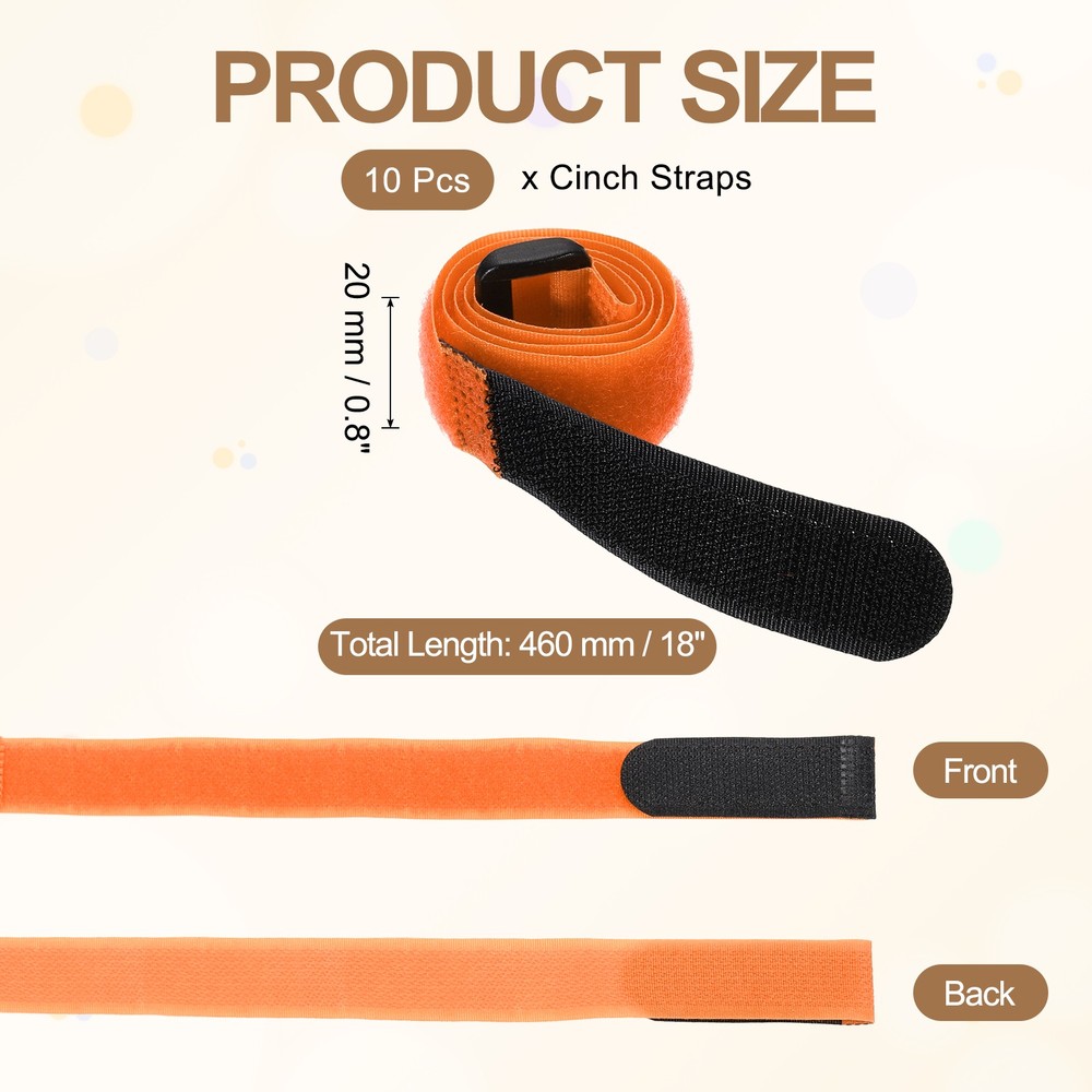 10pcs Reusable Cinch Straps 0.8"x18" Hook and Loop Cable Securing Straps, Orange