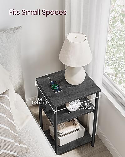Side Table with Charging Station, 3-Tier End Table with USB Misty Gray + Black