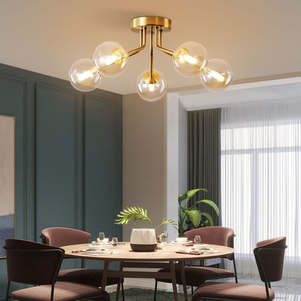 Sputnik Light Fixture Gold Flush,5 Lights Semi Flush Mount Ceiling Light Globe