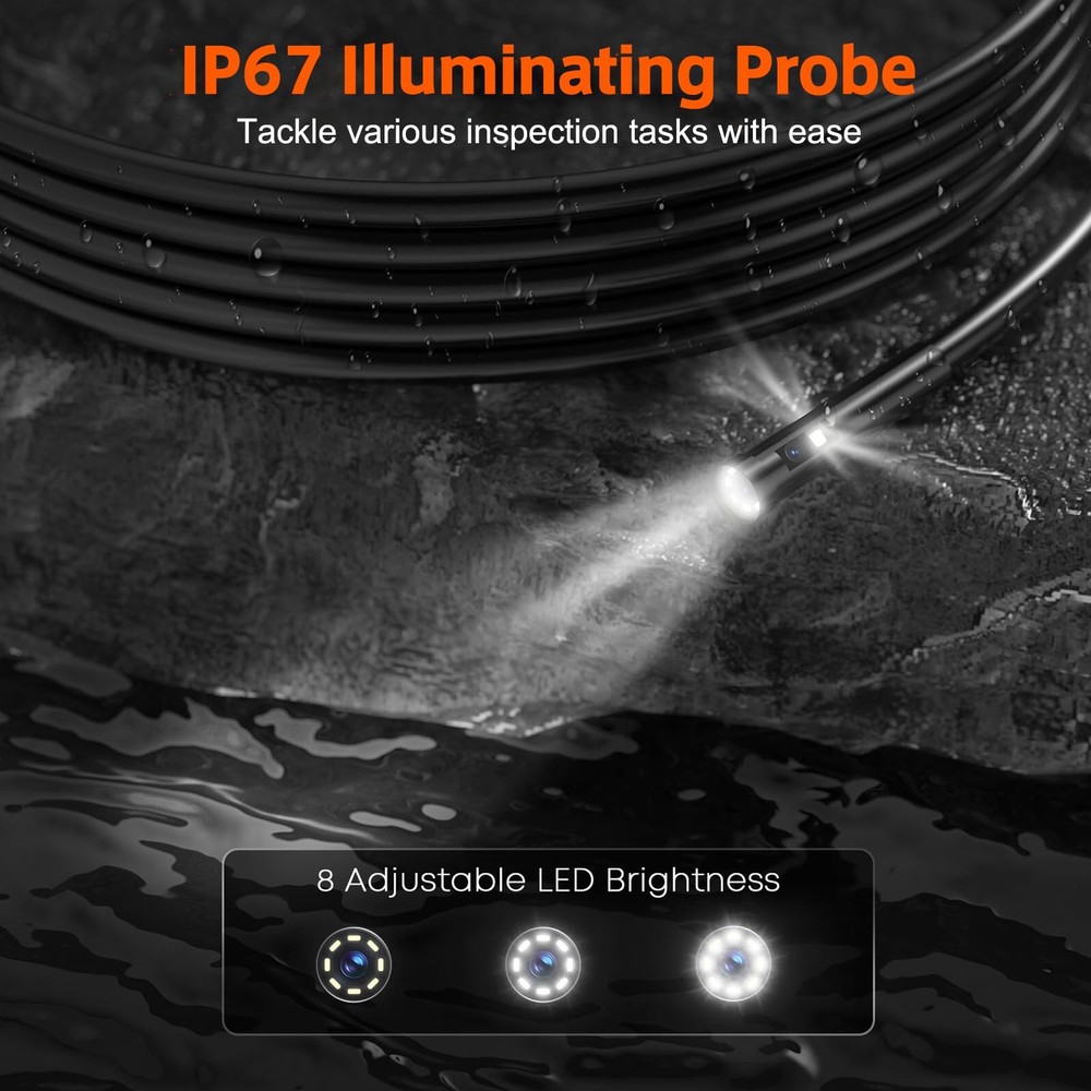 Triple Lens Inspection Drain Camera, 5" IPS Split Screen Borescope with Light...