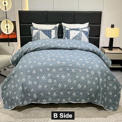 Patchwork Quilt Set Quilted Bedspread Coverlet Set 3-Piece King Size Grey