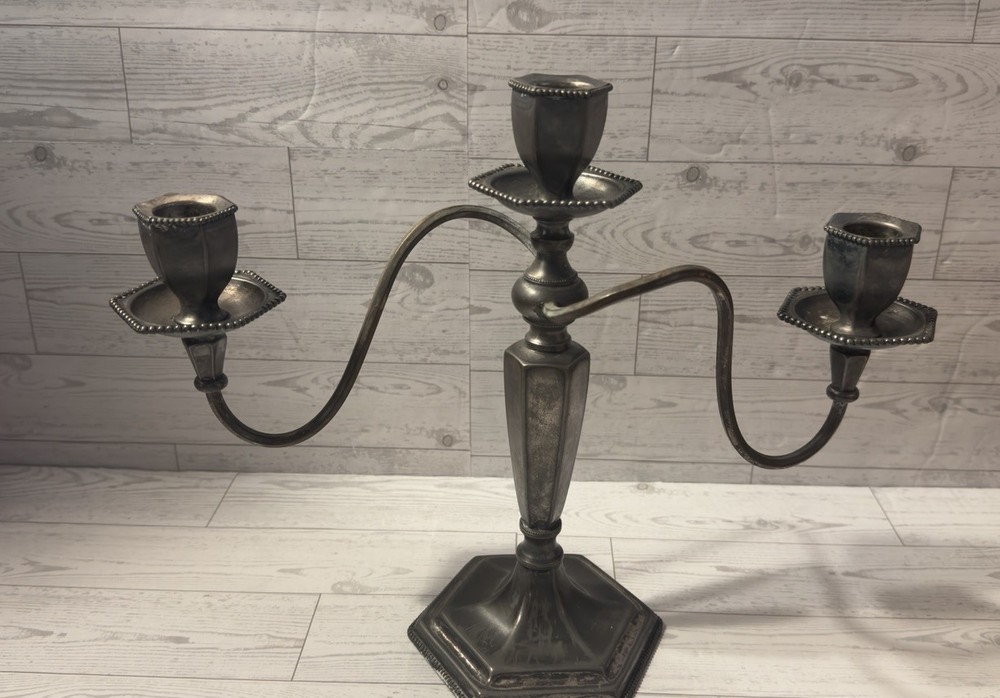 Vtg Antique Poole Silver Co 578 Quadruple Plate 3 Candle Candelabra Bobeches