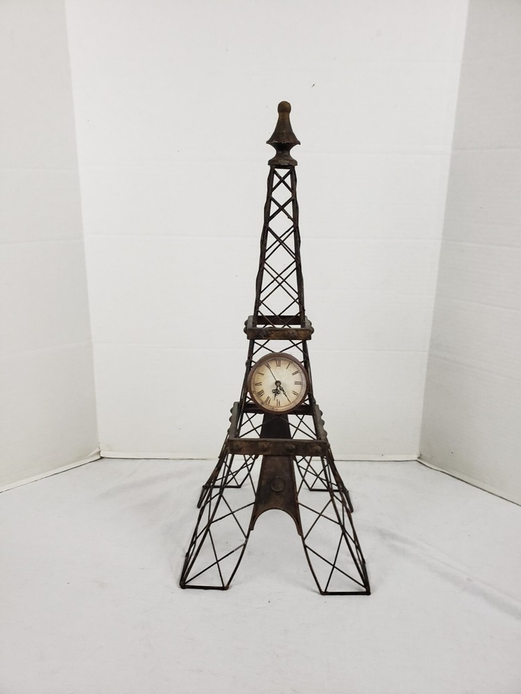 Eiffel Tower Wire Sculpture Statue with Working Clock 25" Rustic