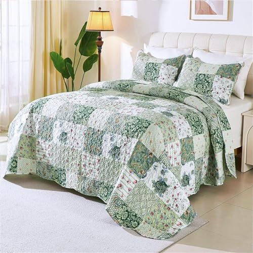 Romantic Patchwork Quilt Set King Size,Reversible Bedspread King 102x90 Green